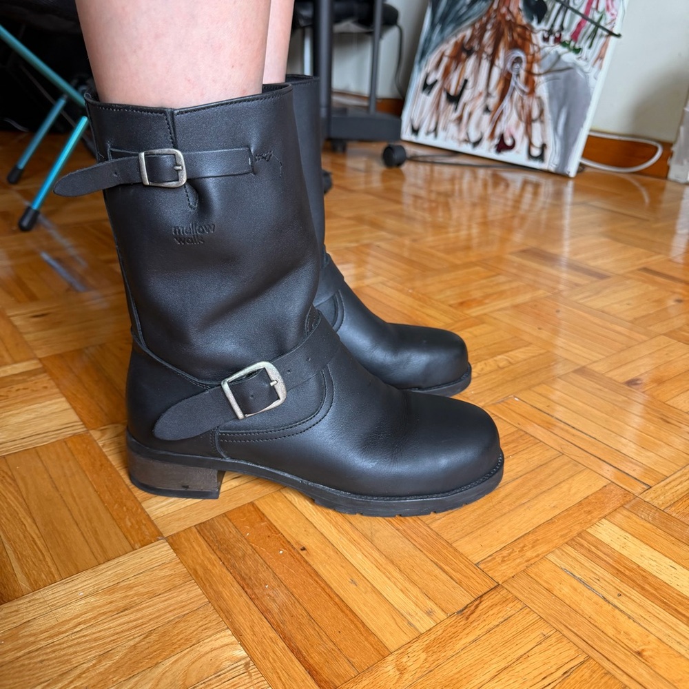 Black Leather Mid-Calf Buckle Ankle Boots